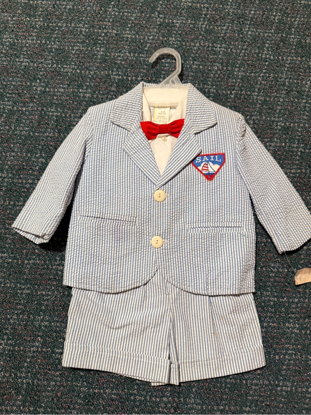 Vintage NWT 80s Seersucker Nautical Short Suit Set w/ Bowtie 12M Deadstock